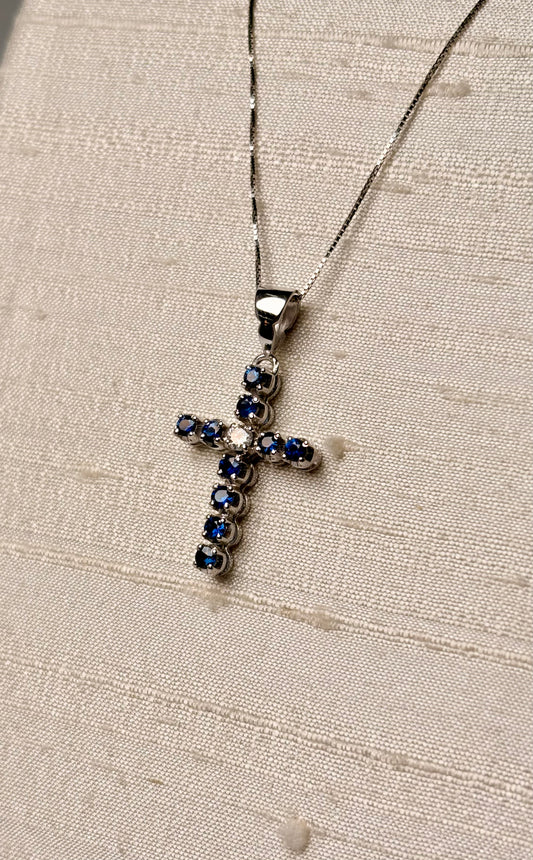 Collana croce zaffiri blu e diamante