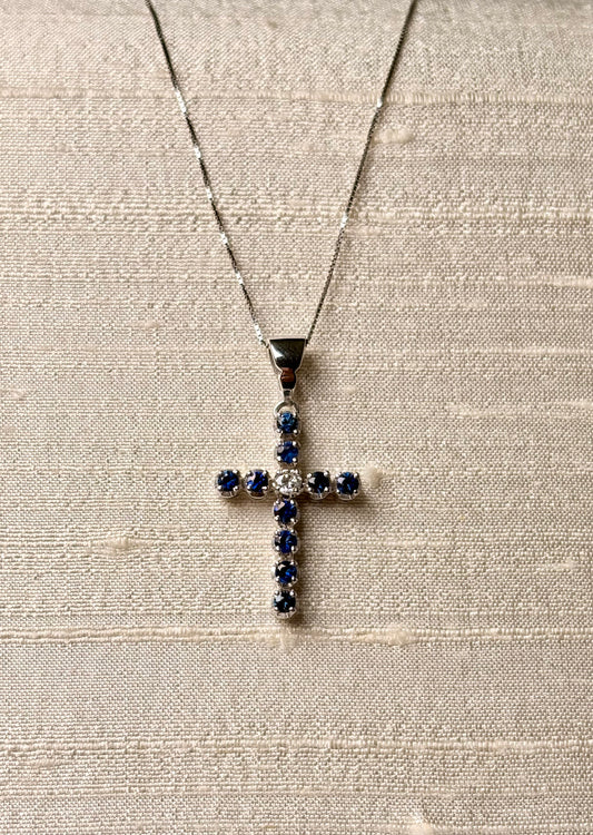 Collana croce zaffiri blu e diamante